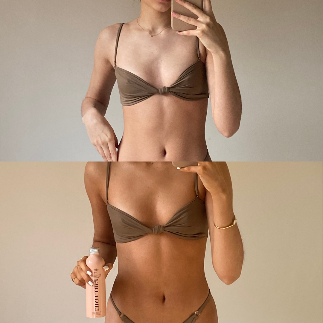 Mini Part Time Self Tan 100ml bottle – buildable streak-free sunless self tanning golden liquid before vs after