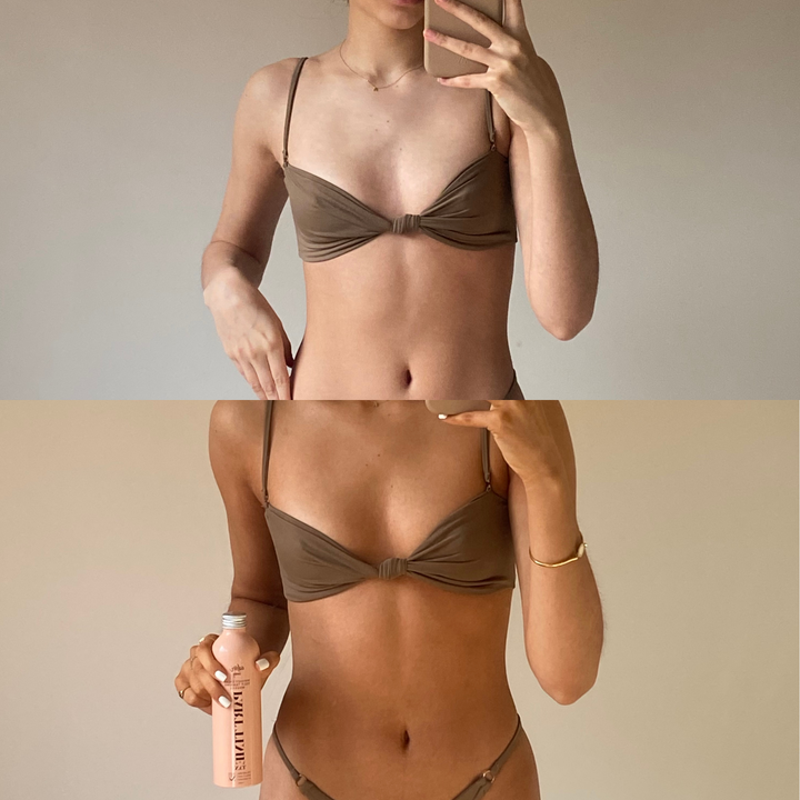 Mini Part Time Self Tan 100ml bottle – buildable streak-free sunless self tanning golden liquid before vs after
